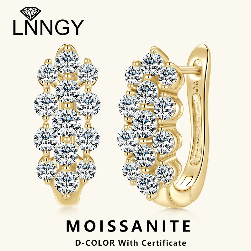 

Lnngy Certified Three Row Cluster Moissanite Earring 925 Sterling Silver Hoop Earrings For Women Sparkling U-shaped Jewelry Gift