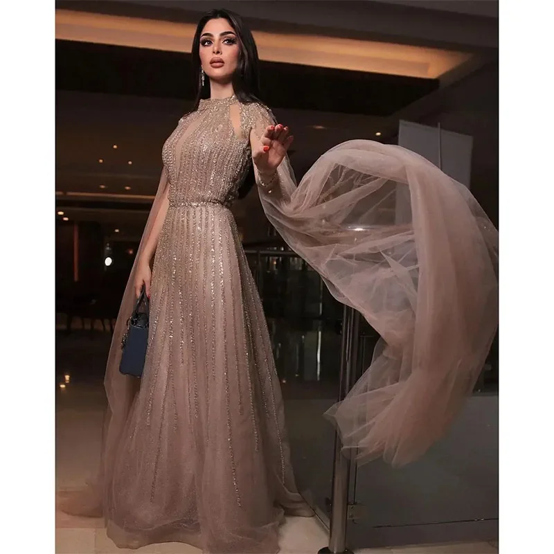 Customized Luxury O Neck Evening Dress 2024 A Line Beading Prom Dresses Elegant Tulle Cap Long Sleeves Floor-Length Party Cockta