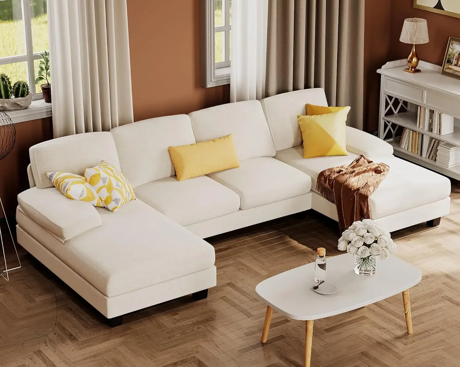 Couches for Living Room, U-Shaped Sofa Couch with Linen Fabric, 4 Seat Sofa Set with Double Chaise for Apartmen