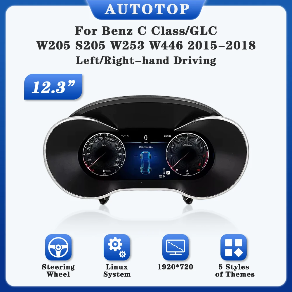 

AUTOTOP 12.3" Digital Gauge Dash for Mercedes Benz C GLC Class W205 X253 W446 2016-2019 NTG 5.0,Kilometer-calibrated speedometer
