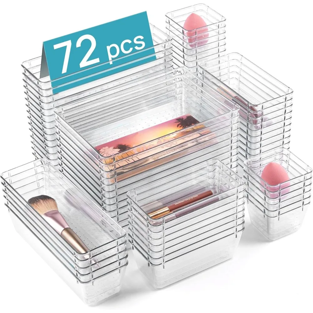 

72 PCS Clear Plastic Drawer Organizers Set, 4-Size Versatile Storage Trays for Bathroom, Bedroom, Kitchen & Office
