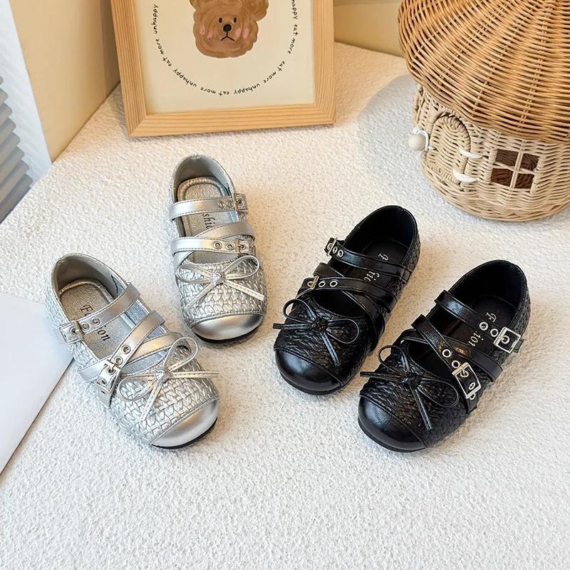 

Girls Flat Shoes with Simple Bow Children Princess Shoes Korean Style 2025 Autumn New Kids Leather Shoes Soft Bottom Soild Color