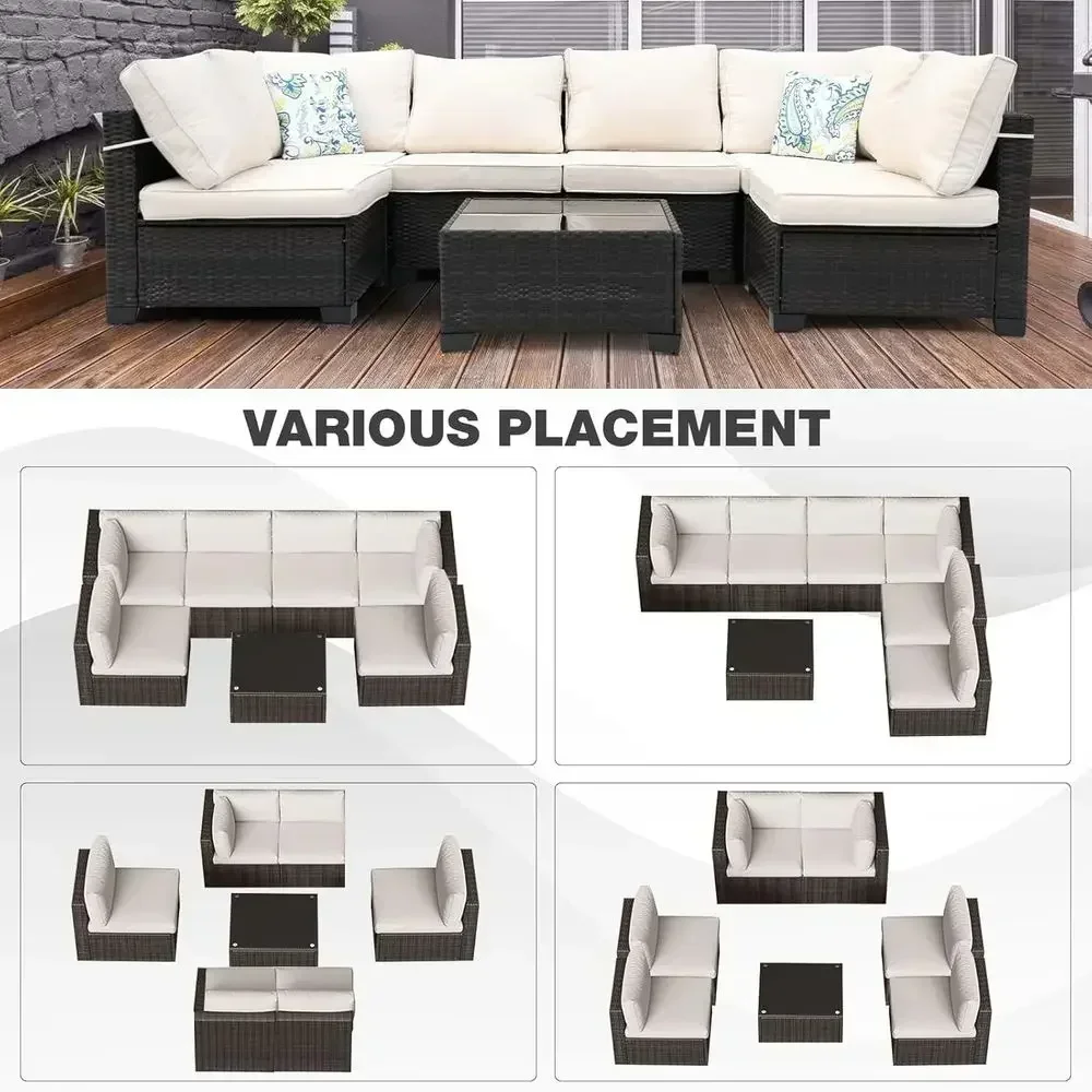 7-Piece All-Weather Rattan Outdoor Sectional Sofa Set with Cushions and Pillows for Patio, Deck, Garden, Lawn
