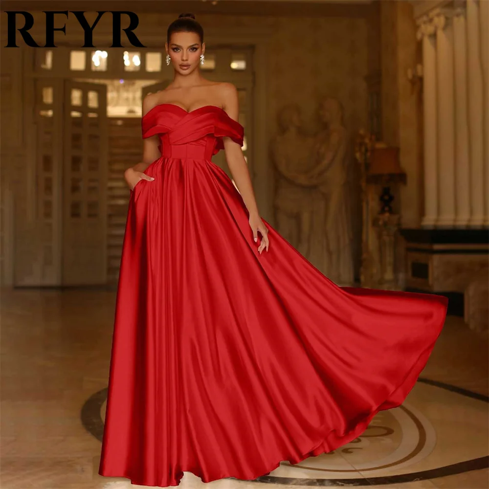 

RFYR Red Prom Dresses Sweetheart A-Line Evening Dresses Off The Shoulder Satin Party Dress Floor-length Pleats Vestidos De Noche