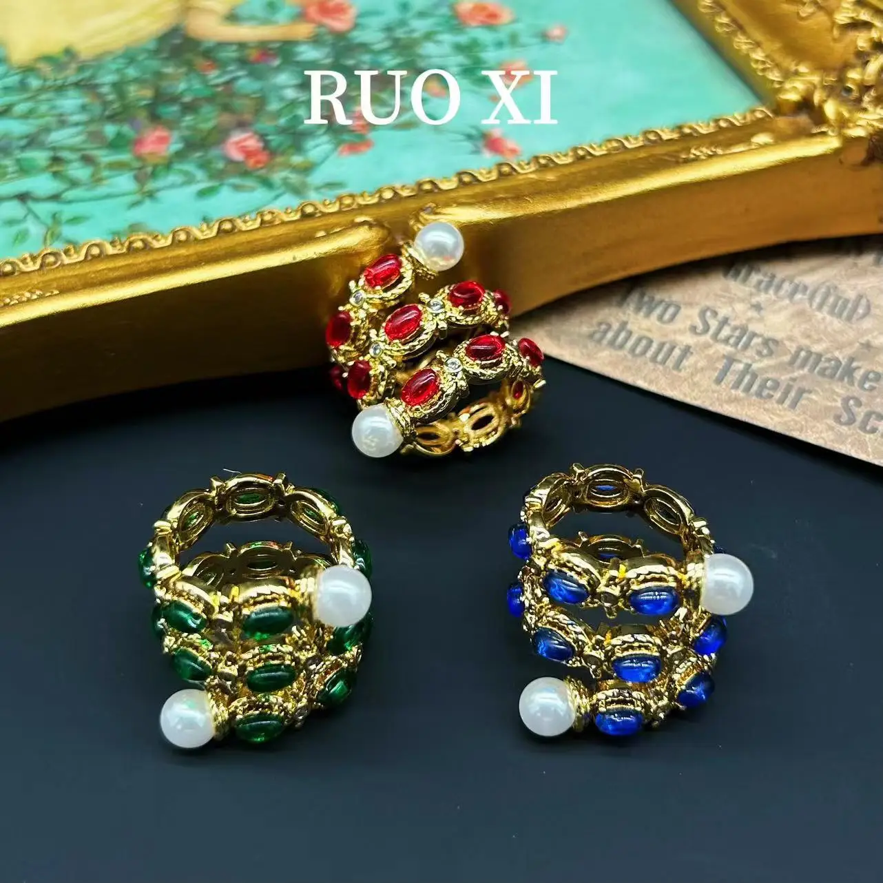 

Qingdao Zhonggu Ornament Vintage Copper Zircon Ring Colorful Pearl Court Twist Spiral Ring