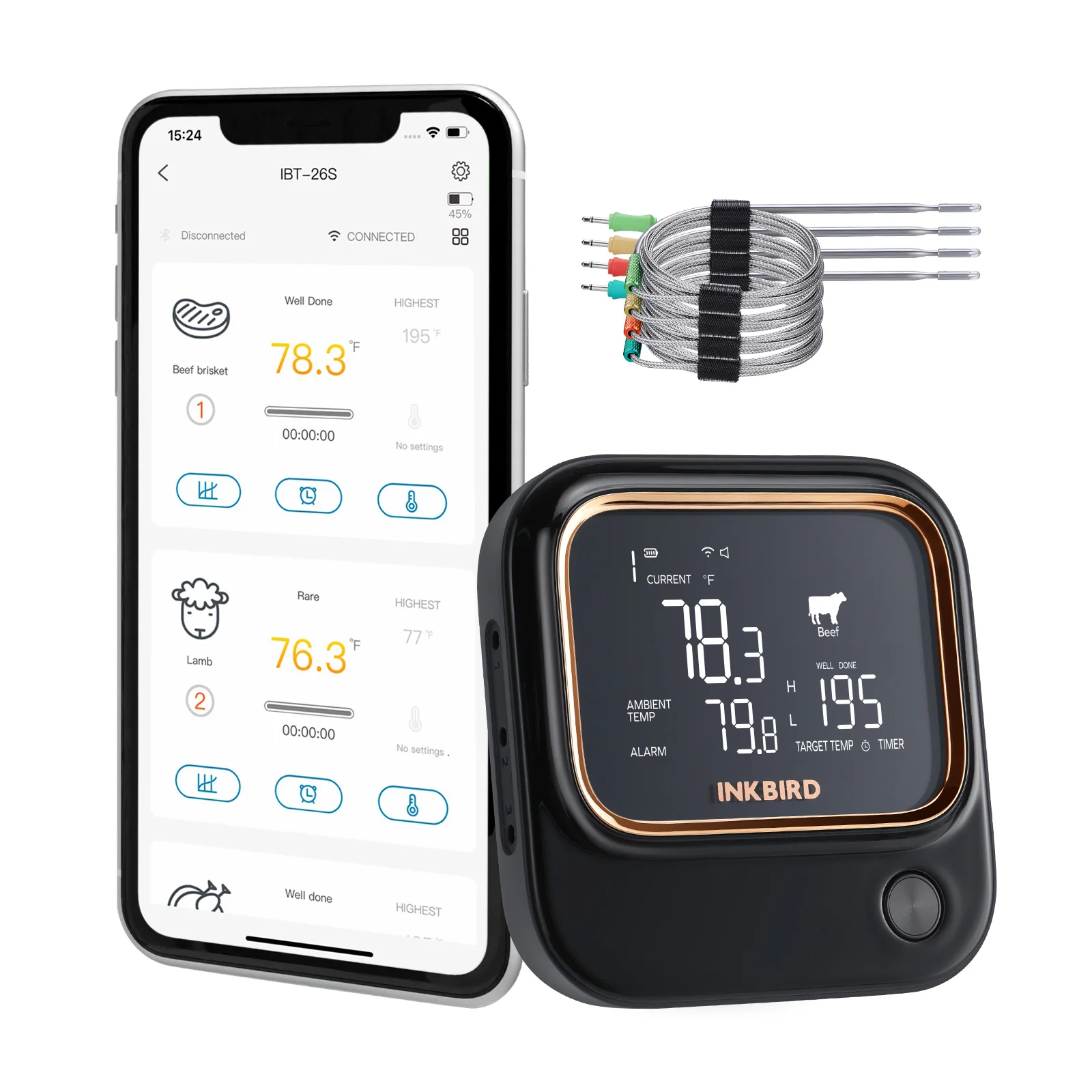 

INKBIRD BBQ with 4/6 Food-grade Probes Thermometer IBT-26S Bluetooth Wi-Fi APP Control USDA Meat Presets Alarm Timer Backlit LCD