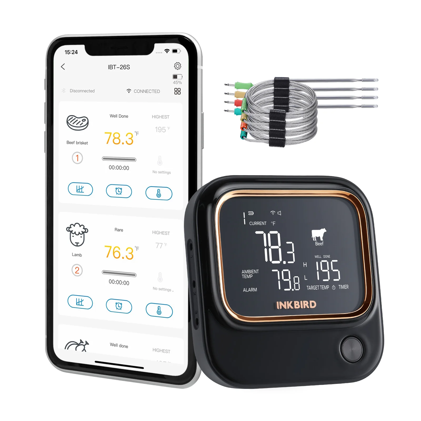 INKBIRD BBQ z sondami spożywczymi 4/6 Termometr IBT-26S Bluetooth Wi-Fi Sterowanie aplikacją USDA Ustawienia wstępne mięsa Alarm Timer Podświetlany wyświetlacz LCD