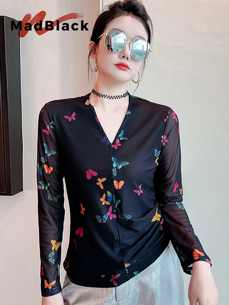 MadBlack-Women European T-Shirt, Sexy V Neck Butterfly Print, American Retro Long Sleeve Slim S-3XL Mesh Tee, 2026 Fall T69511CC