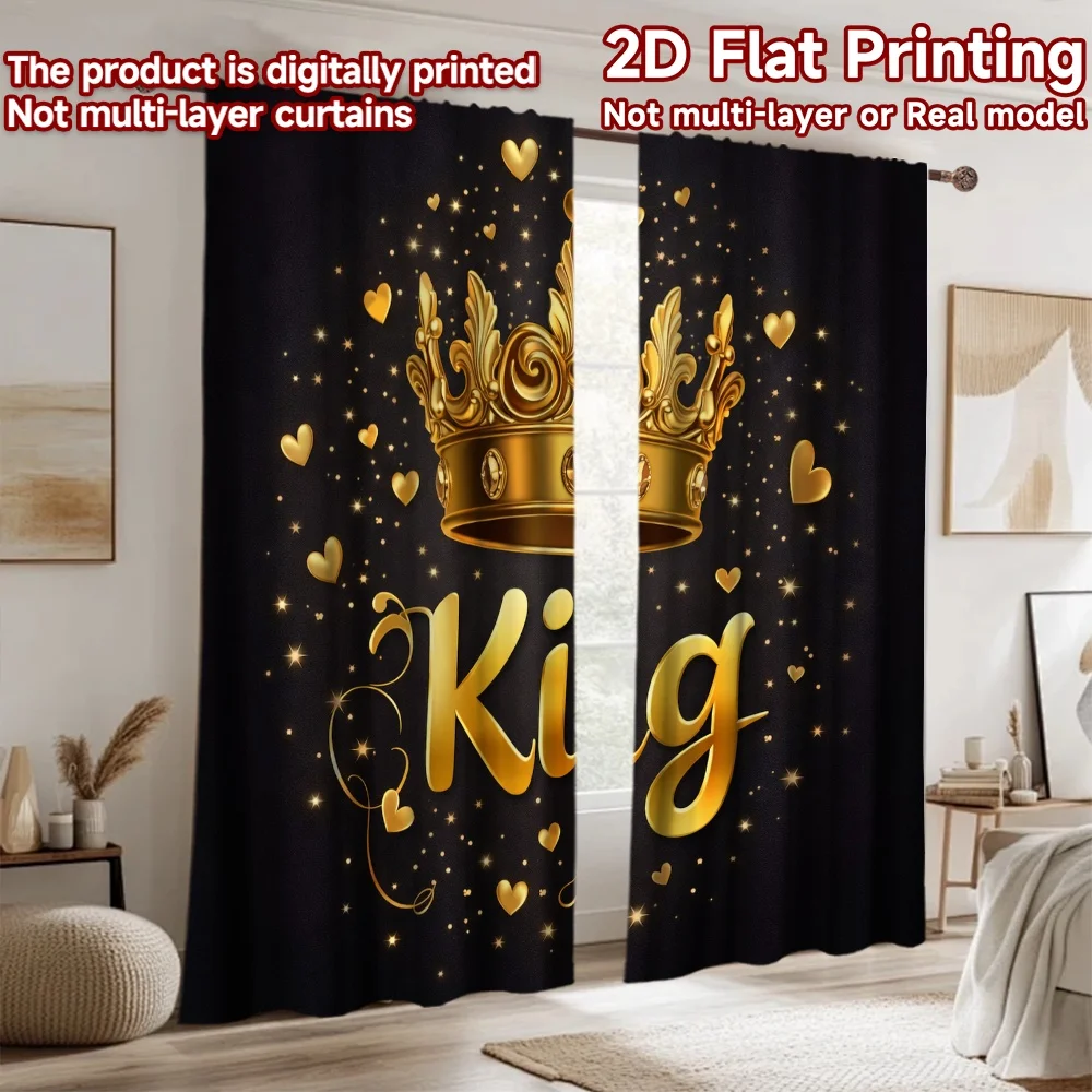2pcs King Crown Curtains Black and Gold Royal Window Drapes Luxury Hearts Sparkle Art Decor Living Room Bedroom