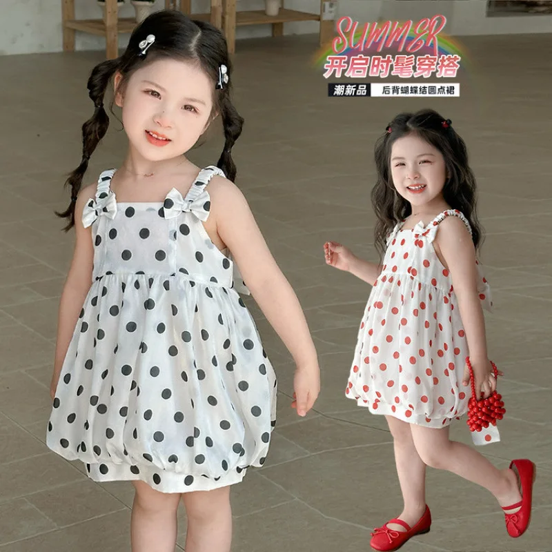 Girls Dress Summer 2026 New Foreign Style Children's Summer Dress Flying Sleeves Polka Dot Baby Bow Princess Skirt