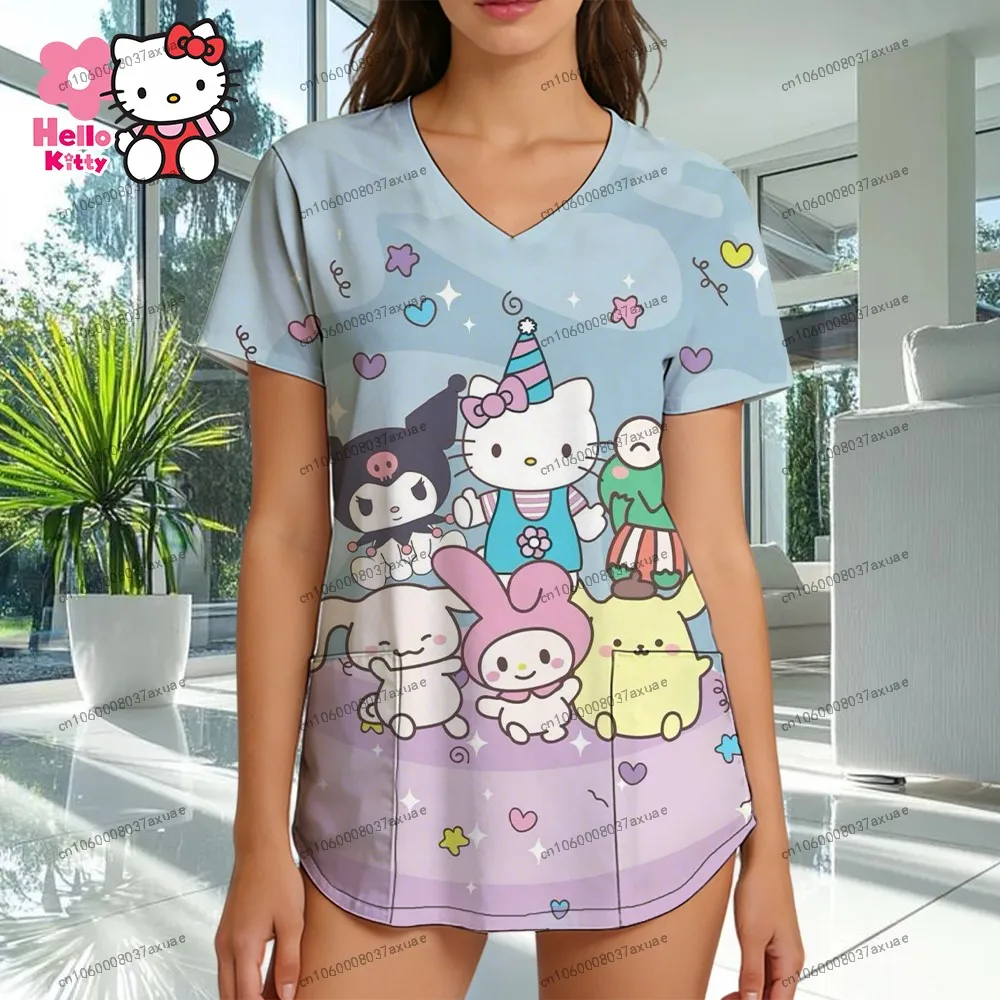 

Tees Hello Kitty Leisure 2026 New Female Clothing Women's Nurse Uniform T-shirt 3D Print Sanrio Trend V Neck Y2k Clothes Pocket