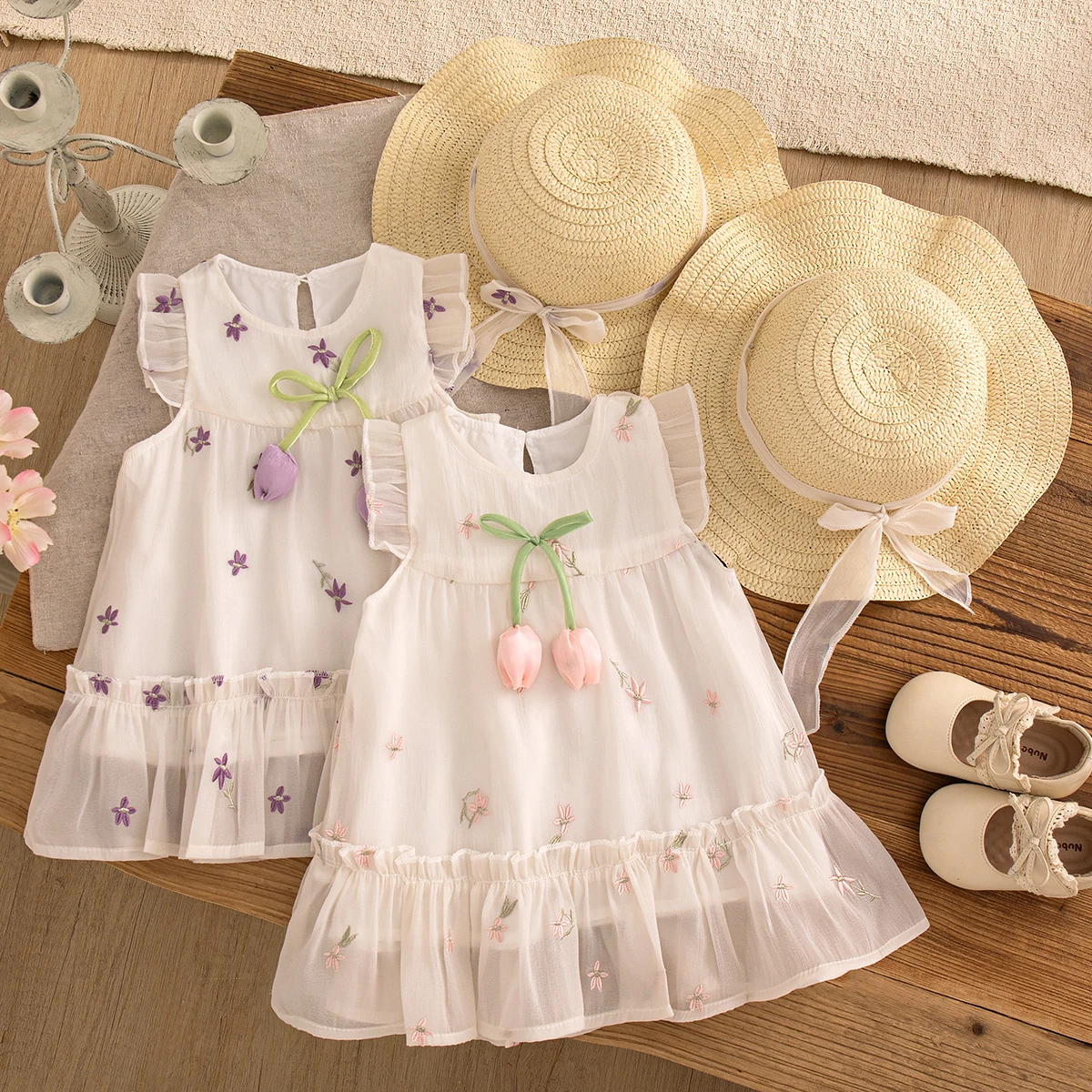 Baby-Mädchen-Kleid Sommer Blumen-Schleife Kleine Flügelärmel Mädchenkleid Niedliches Strand-Prinzessinnenkleid Baby-Mädchen-Kleidung ﻿