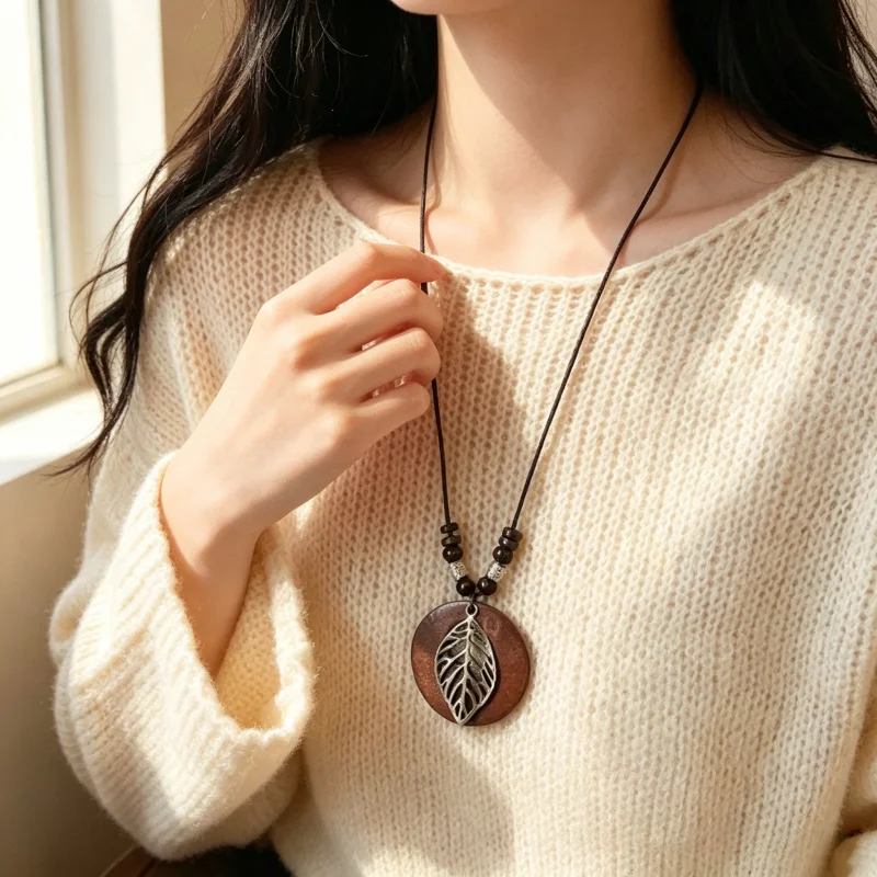 Vintage Folk Style Wooden Beads Tree Leaf Pendant Necklace For Women Choker Long Wax Thread Zinc Alloy Sweater Dress Necklace
