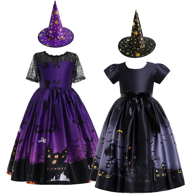 2024 New Halloween Pattern Girls Dress Kids Carnival Party Costume Pumpkin Witch Cosplay Princess Dress 5 6 7 8 9 10 11 12 Year