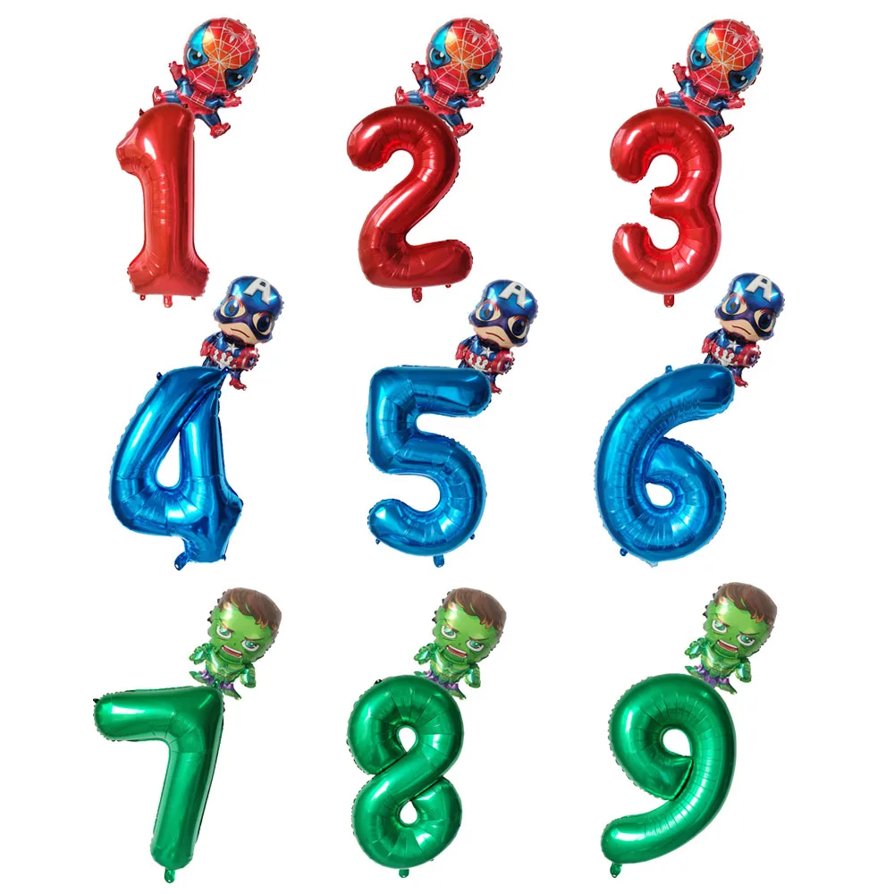 Mini ballons à chiffres de 32 pouces, 2 pièces, les Avengers, Spiderman, Hulk, 1, 2, 3, 4, 5, 6, 7, 8, super héros, décor de fête d\'anniversaire,