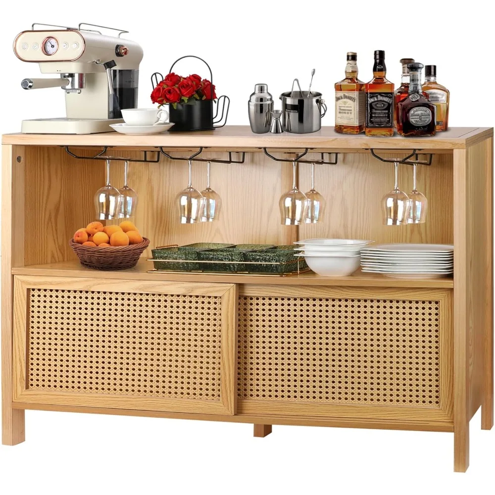 Coffee Bar Cabinet with Storage, Liquor Cabinet Bar for Home Bar, Boho Wine Cabinet, Rattan Bar Table