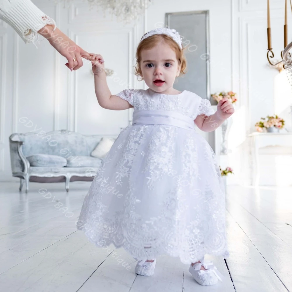 Baby Girls Christening Dress 2 Piece Cap Sleeve Ankle-Length Baptism Dress Lace Bonnet Customized Infants Wedding Flower Girls