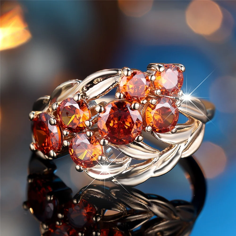 Crystal Female Small Red Zircon Stone Engagement Wheat Ring Vintage Gold Color Wedding Bands Jewelry For Women Men