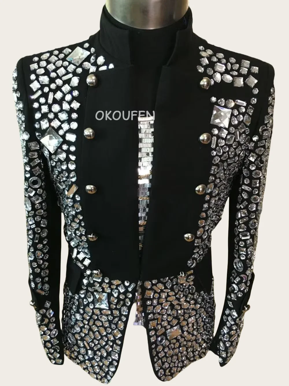 Handmade Full Rhinestone Crystal Men's Royal Suit Jacket Party Stage Host Formal Dress Club Male Singer Dancer Performance Coat