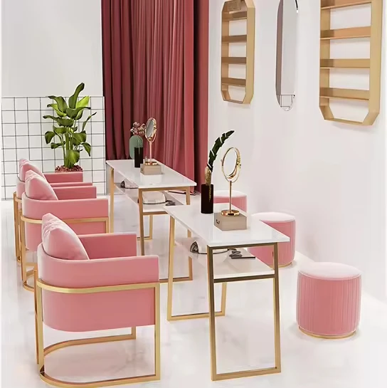 xx-In Demand Luxury Metal Nail Salon Chairs Gold Frame White Manicure Table Set^