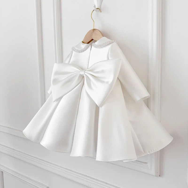 Princess Satin Bow Beading Pearls Flower Girl Dresses First Communion Dresses Birthday Christmas Gift Wedding Party Birthday