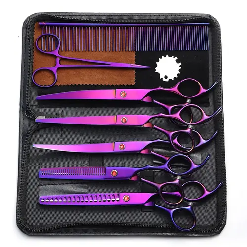 Kit profesional de tijeras de peluquería para perros y gatos de 7 pulgadas, peine de tijeras de adelgazamiento curvo recto de acero inoxidable para corte de pelo
