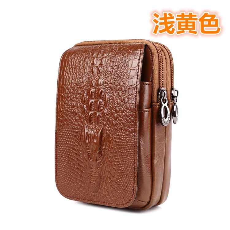 men\'s mobile phone waist bag leather wearing belt 5.56 inch Mini waist bag cowhide crocodile waist bag