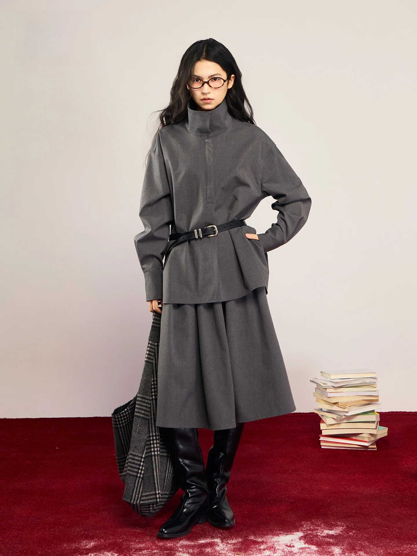 

Bobbybey винтажная простая шерстяная юбка с воротником-стойкой, универсальная плиссированная шерстяная юбка, женская зимняя модная верхняя одежда