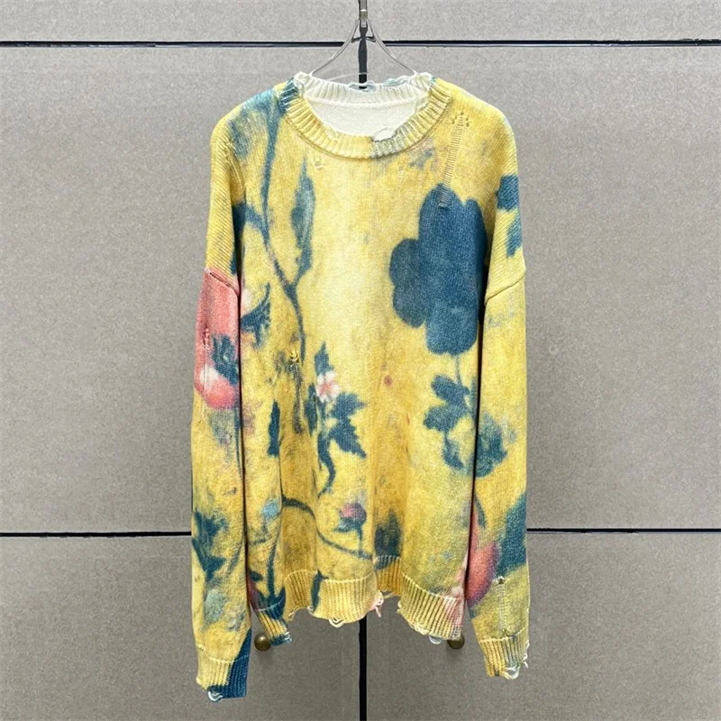 

Women's sweater 2025 Winter new elastic knitted long sleeved top Ink printed round neck pullover y2k pure cotton women's tops