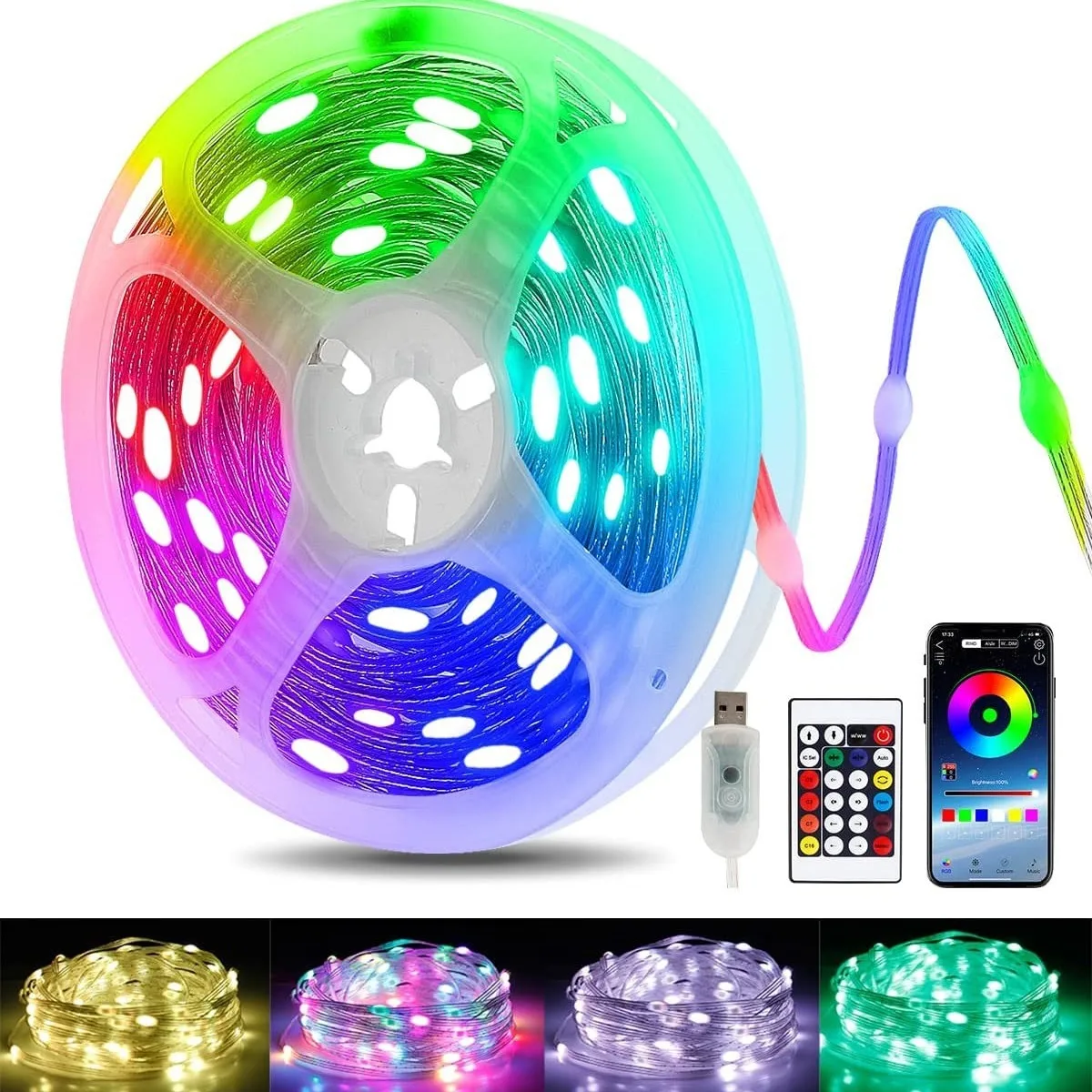 RGB Tape Smart LED Strip Outdoor Waterproof USB Power Bank Supply with Voice Control Color Change Bedroom Decoration 20m Lights