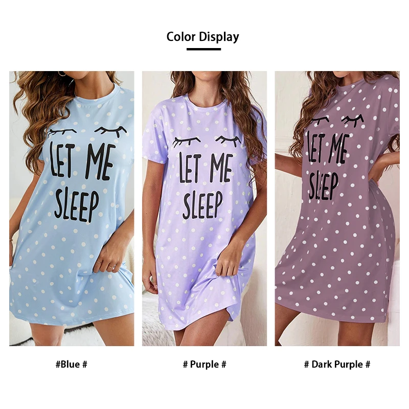 Cute Letter Polka Dot Printed Nightgown Nightdress Comfy Short Sleeve Sleep Dress with Round Neck Casual Sleepwear Loungewear