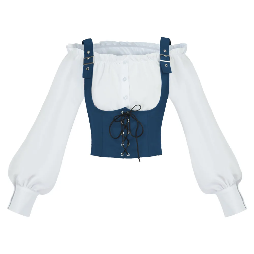 Retro Western Style Women Blouse Suede Vest Splicing Long Sleeve Cropped Top Corset Tee Shirts Oktoberfest Halloween Costume view 4