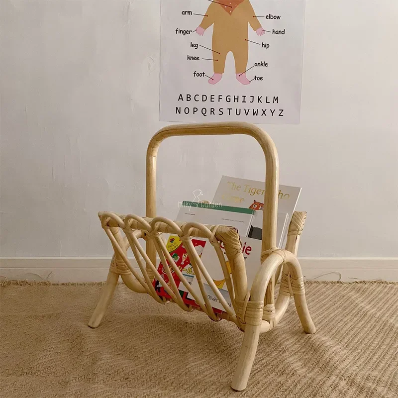 Indonesian Real Rattan Hand Woven Folding Magazine Rack Small Bookshelf Floor Standing Newspaper Storage Organizer Natural