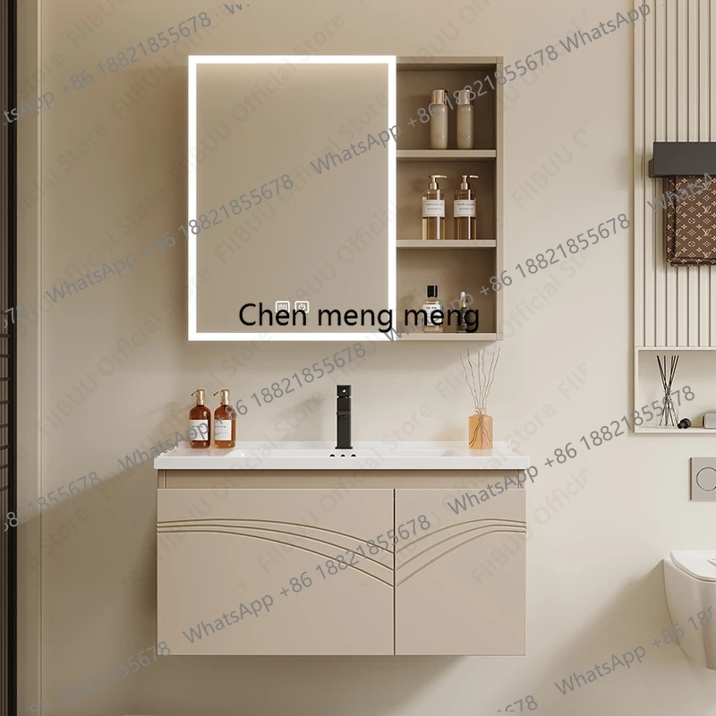 Bathroom Vanity with Ceramic Integrated Sink Mirror Cabinet Set Aluminum Large Capacity Storage Cabinet Combo with Faucet Drain