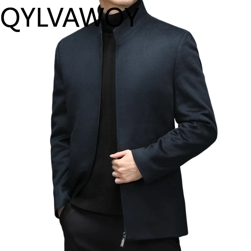 

QYLVAWOY Мужская куртка из 80% шерсти с воротником-стойкой, кашемировое пальто для мужчин, осенне-зимняя одежда, высококачественное деловое пальто