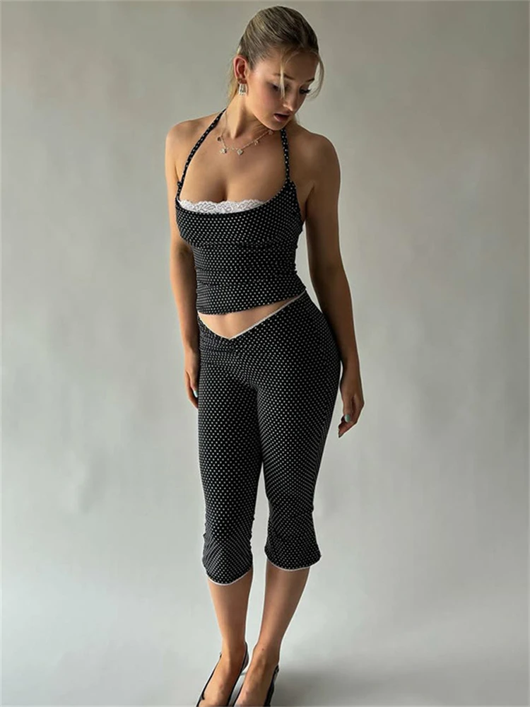 

Absobe Lace Patchwork Polka Dot Print High Waist Midi Pants Set Women Halter Tank Top Slim Five-Piece Shorts Sexy Y2K Streetwear