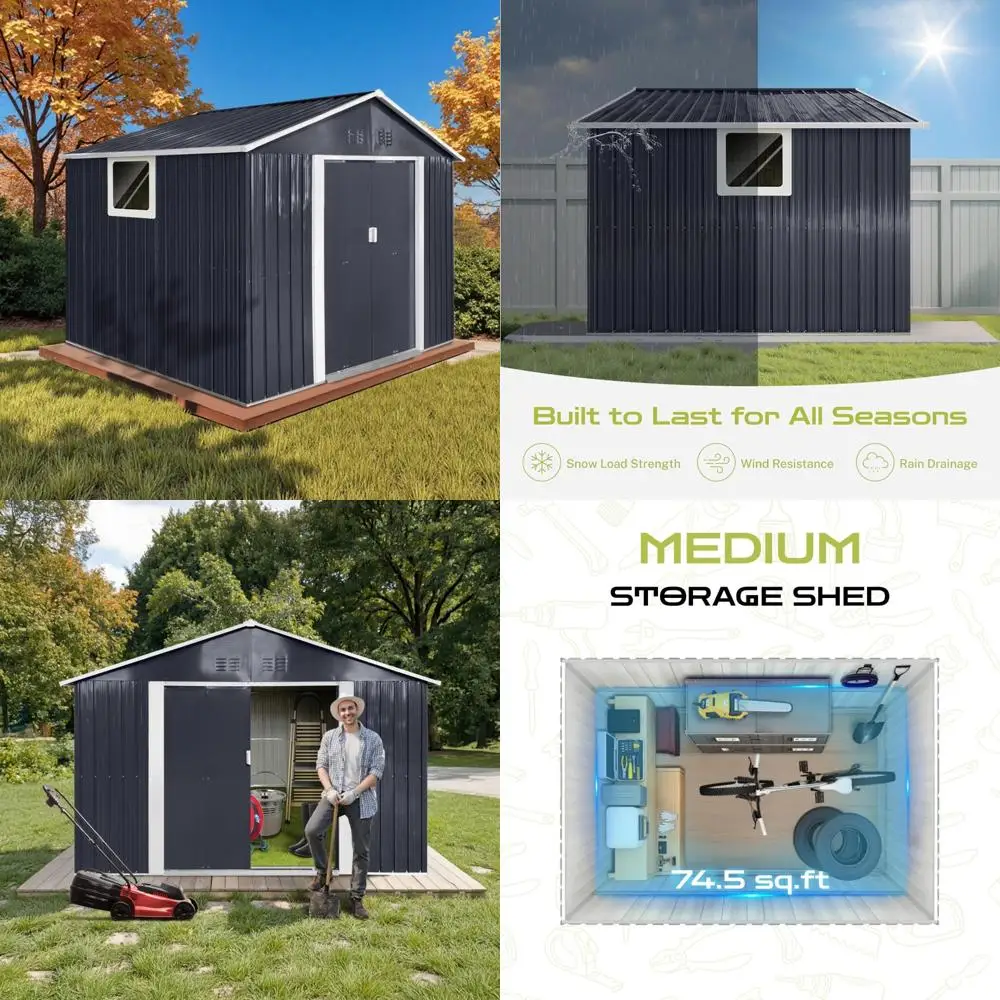 

Прочный металлический навес для уличного хранения с окнами и запираемыми дверями для использования в саду, заднем дворе, у бассейна и газоне