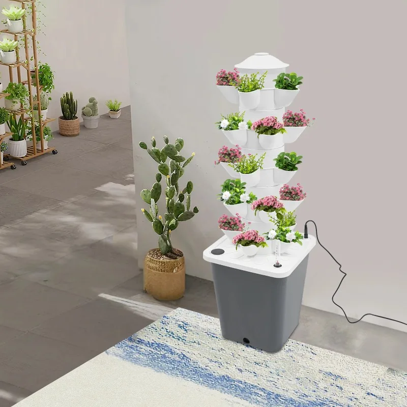 Grey Hydroponic Grow Tower 5 Layer 25 Plant Sites, Home Gardening Mechanism, 100-240V, Suitable for Leafy Greens and Herbs