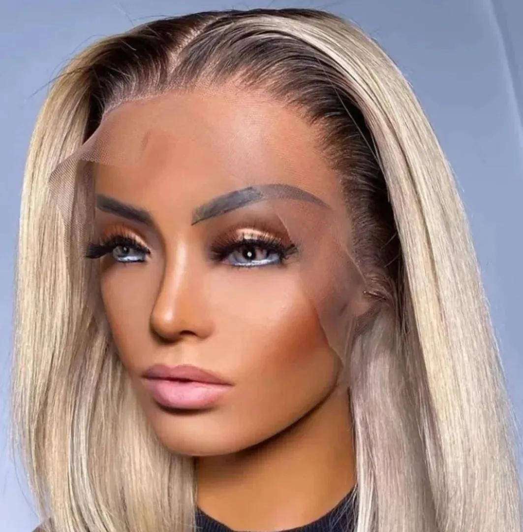 HD Spitze Frontal Echthaar Perücken hellgrau Highlights gerade Perücke Asche blonde Wurzeln 13x6 brasilia nische Jungfrau Haar kurze Bob Perücke