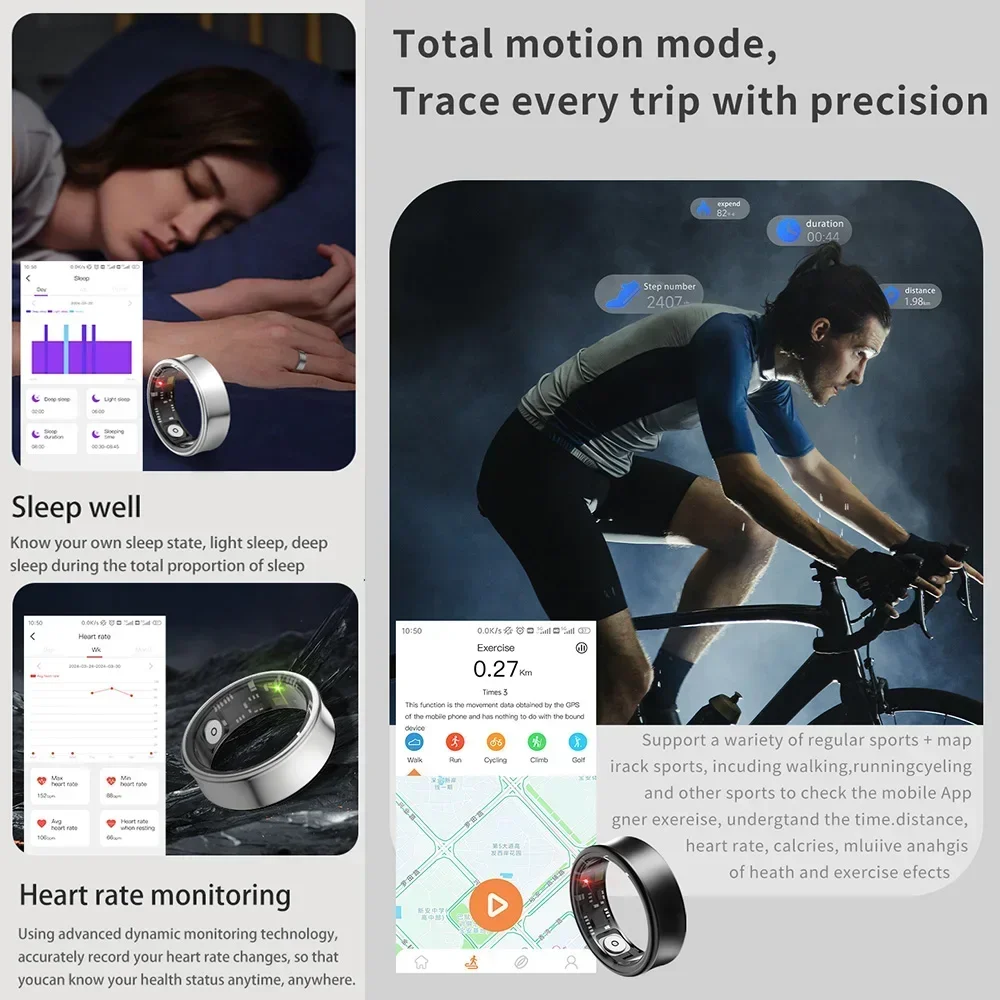 LlNuyoah สมาร์ทแหวน 2024 ใหม่ SR05 พร้อมกรณีชาร์จ Heart Rate เลือดออกซิเจน Monitor IP68 & 5ATM กันน้ํากีฬาสําหรับผู้ชายผู้หญิง