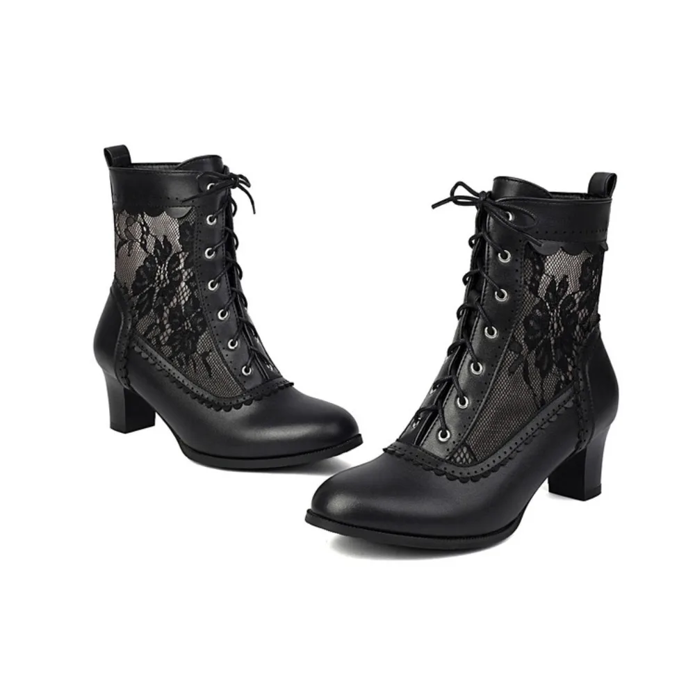 Women's Vintage Lace Cutout Ankle Boots LaceUp Chunky Block Heel Hollow Out Short Boots Big Size 3548 Gothic Party Shoes5752-4