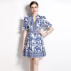 Summer Runway Blue And White Porcelain Dress Women's V Neck Flare Sleeve Ruffles Buttons Flower Print A-Line Beach Mini Vestidos