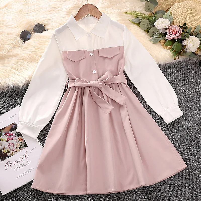 Girl's Spring And Autumn Dress Lapel Long Sleeve Single Breasted Pink And White Stitching Lace-up A-line Knee-length Skirt