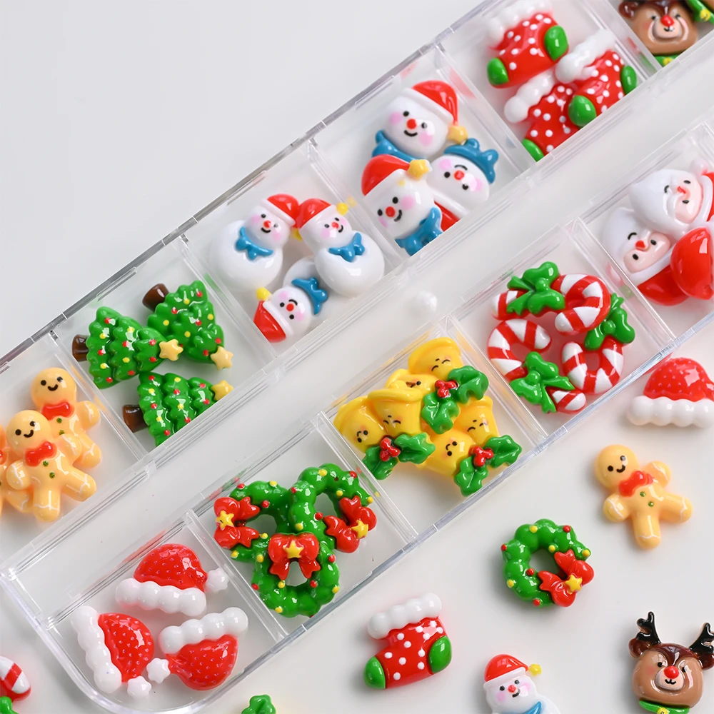 36 unids/caja de dibujos animados de la serie navideña, dijes para uñas, árbol de Navidad 3D, sombrero de muñeco de nieve, campana, decoraciones para uñas de Reno, accesorios festivos
