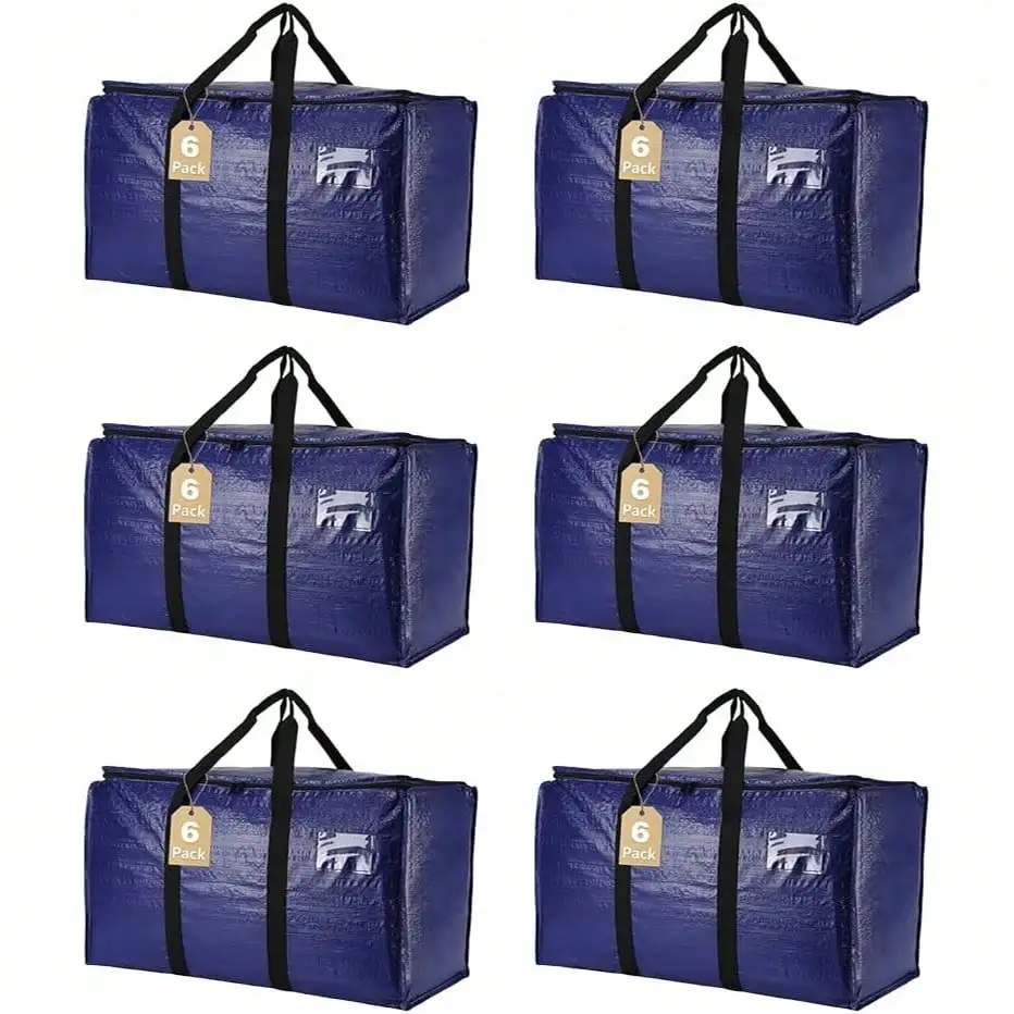6 Pack Heavy Duty Moving Bags, Extra Large Storage Totes with Zipper and Reinforced Handles, Foldable Packing Bags for Moving Travel Storage, Blue, College Dorm Essentials