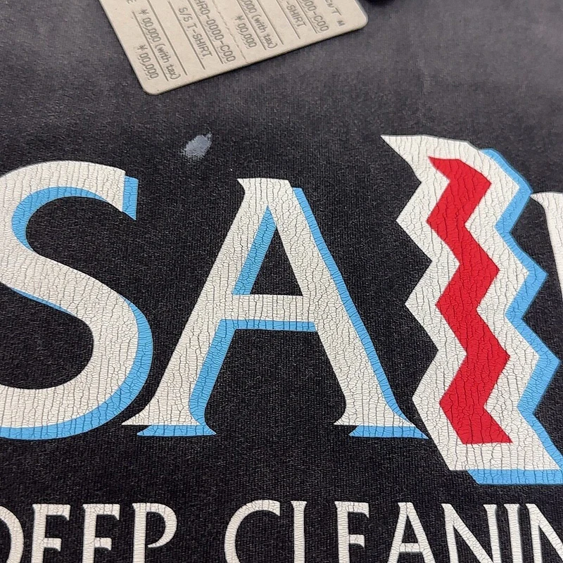 Vintage Distressed Black Washed Worn Splashed Ink Saint Tshirts Graffiti Personalized Letter Round Neck Short Sleeve Men Women