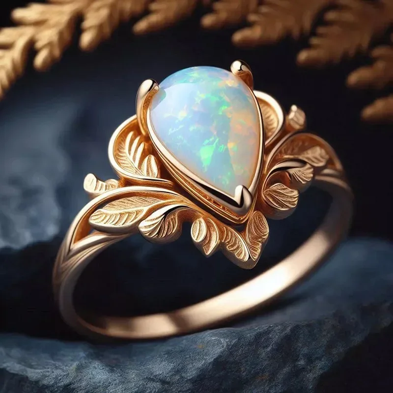 European and American Fashion Leaf Water Droplet Imitation Australian Treasure Ring Women's Simple Temperament Elegant Jewelry