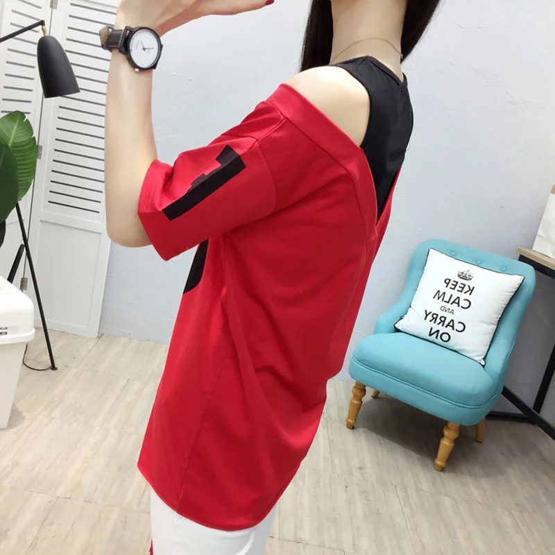 2024 Summer Korean Short-sleeved T-shirt Women\'s O- Neck Cotton T-shirt Fake Two-piece Loose Letter Shoulder Drop Strap Top