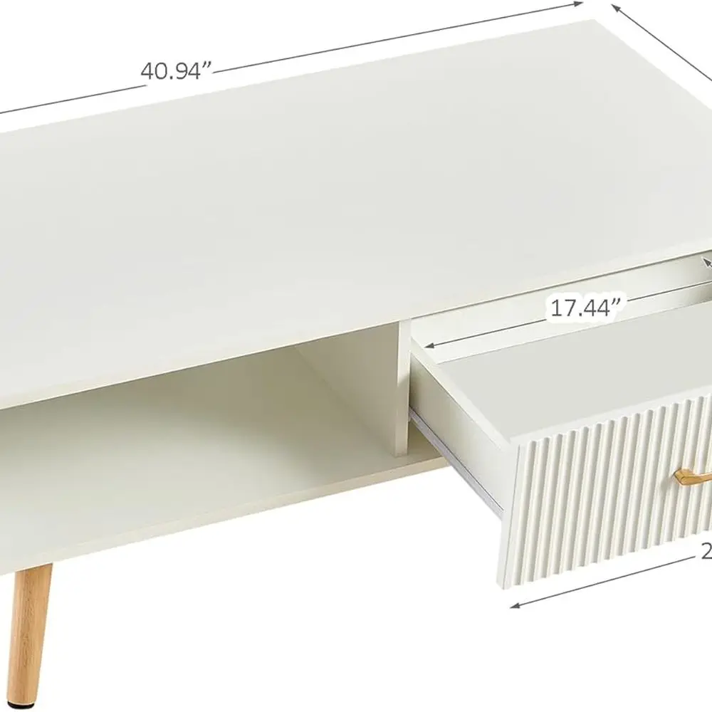 Vintage-Style Rectangular Coffee Table with Stripe Drawer, Large 41 Storage Center Table for Living Room, 2-Level White Cocktail