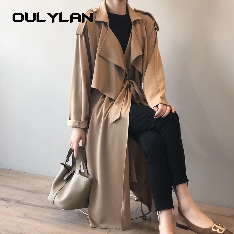 Streetwear Loose Trench Coat Midi Length Fashion Korean Elegant Khaki Black Women\'s Windbreaker Coat Casual Tops